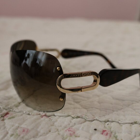 Jimmy Choo Y2K Gradient Rimless Rectangle Wrap Sunglasses Gold/Brown - Picture 8 of 9